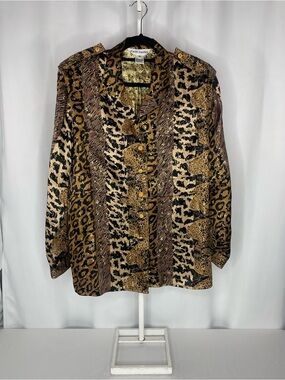 Paolo Santini 100% Silk Animal Print Blouse 16 Gold Metallic Leopard Zebra